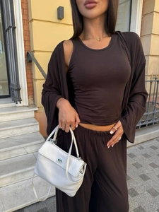 Three-piece solid dark coffee lounge set featuring long cardigan and wide-leg trousers
