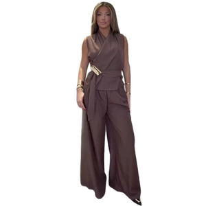 Sleeveless V-neck pleated top and wide leg pants set in dark brown with gold belt