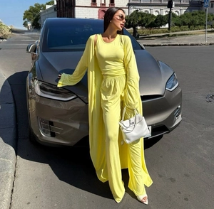 Three-piece lemon yellow loungewear set with long cardigan, tank top and wide-leg trousers