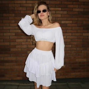 Damen Schulterfrei Langarm Crop Top Und Stufenrock Minirock Outfit Sommer Casual Sexy Urlaub Mode Kleidung