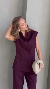 Deep burgundy sleeveless double-breasted vest and trousers professional set