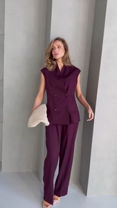 Deep purple sleeveless double-breasted blazer vest and wide-leg trouser suit for women