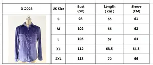 Detailed size chart for women's long sleeve velvet shirt showing bust and length