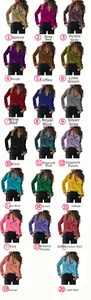 Collage of long-sleeved velvet shirts for women in twenty different vibrant colors