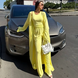 Women's Casual Polyester 3-Piece Set Solid Color Long Sleeve Cardigan Camisole And Wide Leg Pants Top And Bottom For Daily Wear