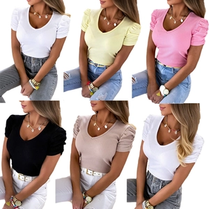 Women's V-neck ribbed t-shirt with puff sleeves shown in multiple solid color options