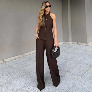 Women's 2-piece set with brown halter waistcoat and high-waisted wide-leg trousers