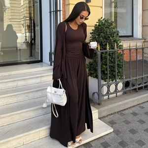 Women's 3-piece casual set featuring a long cardigan, tank top, and wide-leg pants in dark brown