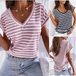 Women's casual V-neck striped short sleeve T-shirt with rolled cuffs in multiple colors