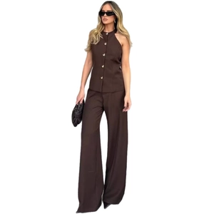 Women's 2-piece set with dark coffee halter vest and matching high-waisted wide-leg pants