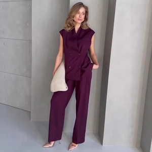 Women Elegant Sleeveless Double Breasted Suit Vest And Wide Leg Trousers Professional Office Commuter Outfit Combination