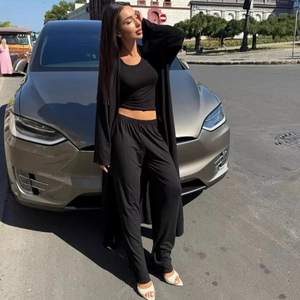 Women's 3-piece casual black set with crop top, wide-leg pants and long cardigan coat