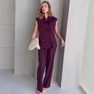 Deep purple sleeveless double-breasted vest and high-waist wide-leg trousers suit set