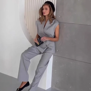 Women's two-piece sleeveless vest and straight pants set in minimalist grey office style