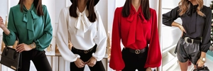 Detail of elegant satin long sleeve blouses with pussy-bow necklines in multiple colors