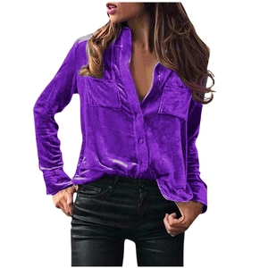 Close-up of purple satin long sleeve shirt featuring glossy fabric and chest pockets