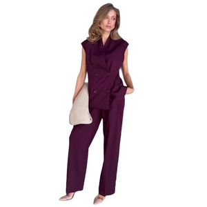 Women sleeveless double-breasted vest and wide-leg pants two-piece set in deep purple