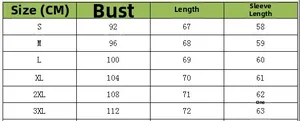 Detailed size chart for women long sleeve shirt including bust length and sleeve measurements