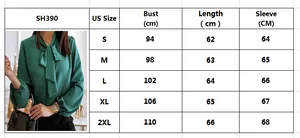 Detailed size chart for long sleeve tie-neck shirt showing S-2XL dimensions in a table
