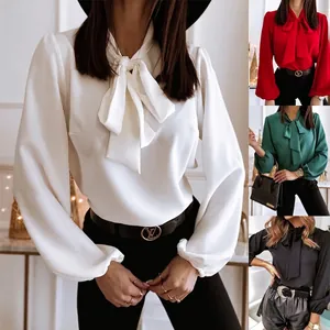 Elegant satin long sleeve blouse with large bow tie neck available in multiple colors