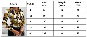 Size chart for floral long sleeve shirt featuring gold chain and leopard print