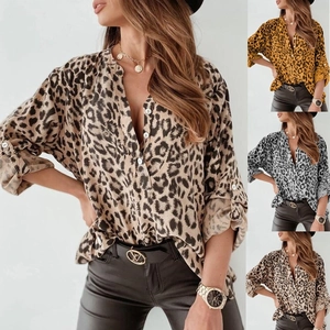 Women's leopard print long sleeve shirt with V-neck and button closure in multiple colors