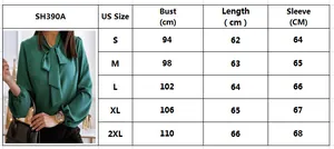 Size guide table for women long sleeve bow tie shirt with bust and length in cm