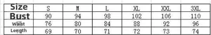 Size chart for women's sleeveless dress showing bust, waist, and length measurements