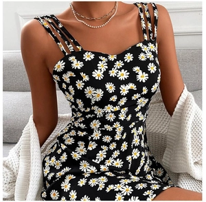 Detail of black daisy floral dress with thin straps and sweet heart neckline