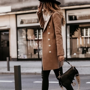 Classic camel double-breasted wool coat with notch lapel and gold embossed buttons