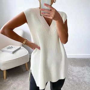 Women V Neck Knitted Vest Sleeveless Loose Pullover Sweater Mid Length Side Split Casual Solid Color Knitwear Top For Autumn Winter