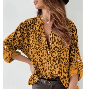 Women Casual Leopard Print Shirt Elegant Polyester V Neck Long Sleeve Roll Up Loose Blouse Fashion Animal Print Tops
