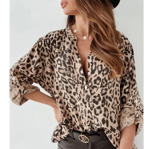 Women's casual long-sleeved leopard print shirt with V-neckline and button-up detail