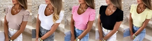 V-neck ribbed knit tops for women with puff sleeves in beige, white, pink, black and yellow