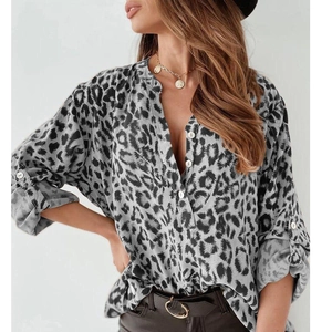 Women's leopard print long sleeve shirt with V-neck and roll-up sleeves in grey and black