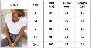 Size chart for women's V-neck puff sleeve rib-knit T-shirt with measurements in centimeters