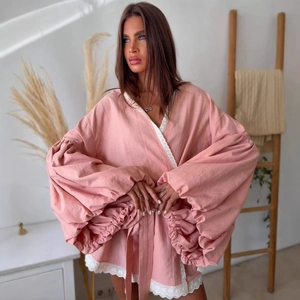 Pink lace trim kimono loungewear robe with lantern sleeves and belted waist for women