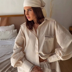 Women's beige striped long sleeve shirt with matching headscarf and seersucker texture