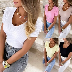 Close-up of V-neck ribbed knit top with puff sleeves in five diverse color options