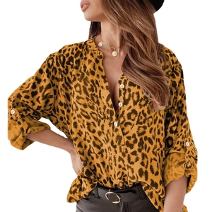 Women's leopard print V-neck button-down shirt with adjustable long sleeves on white background