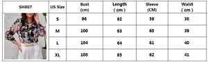 Size chart for women's long sleeve floral shirt showing US measurements from S to XL