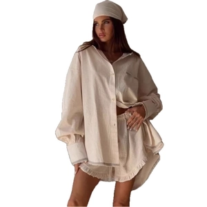 Women's casual cotton linen two-piece set with long-sleeve shirt and ruffle shorts