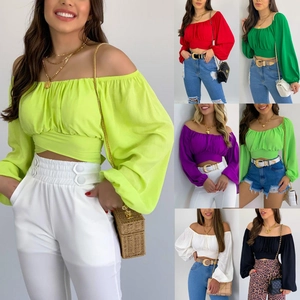 Haut court sexy à épaules dénudées et manches bouffantes avec lacets, plusieurs couleurs