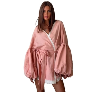 Pink lace trim kimono robe with puff lantern sleeves and waist tie for women
