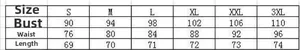Detailed size chart for sexy sleeveless summer dress showing bust, waist and length from S to 3XL