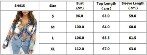 Detailed size chart for women's printed long sleeve shirt with bust and length measurements