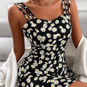 Women Sexy Daisy Floral Print Multiple Thin Straps Mini Dress Sleeveless Backless High Waist A-Line Summer Casual Sling Dress