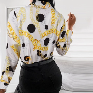 Detail view of long sleeve shirt with anchor chain print and polka dots on the back