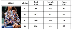 Detailed size chart for long sleeve floral print shirt with bust and sleeve measurements