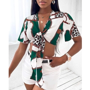 Top Corto Sexy Scollo a V Donna Manica Corta Camicia con Lacci Anteriori Blusa Stampa Catena Leopardo Casual Boho